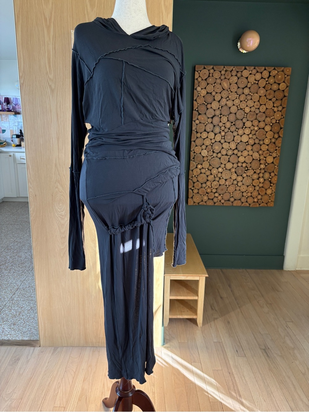 Black Draped Long-Sleeve Hooded Asymmetrical Dress